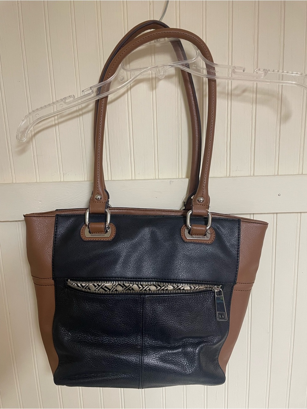 Tignanello Leather Black and Brown Two-Tone Shoulder Tote